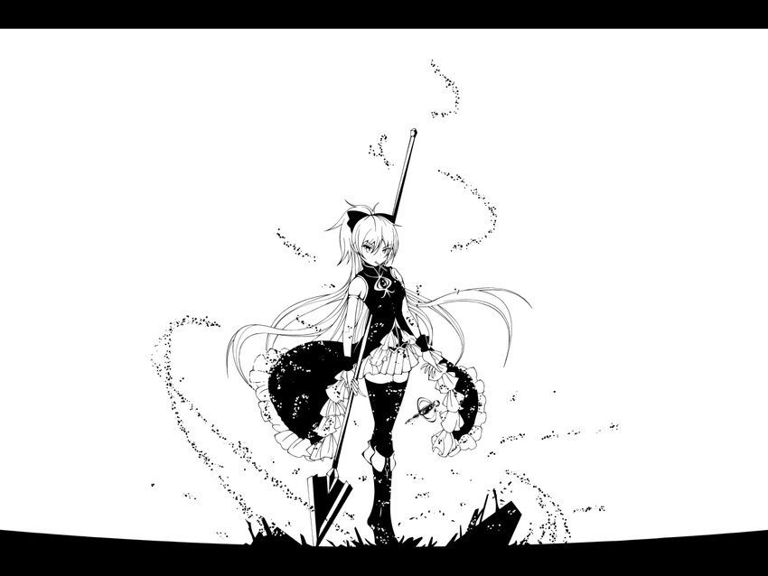 bare_shoulders boots bow food greyscale hair_bow letterboxed long_hair magical_girl mahou_shoujo_madoka_magica monochrome pocky polearm ponytail qazsew sakura_kyouko solo soul_gem spear standing thighhighs weapon zettai_ryouiki