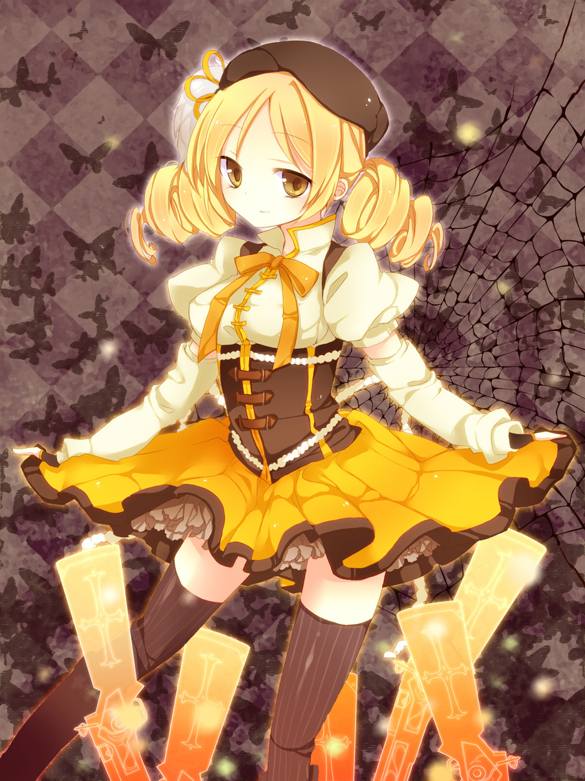 argyle argyle_background bad_id bad_pixiv_id beret blonde_hair boots breasts brown_legwear bug butterfly checkered checkered_background corset curtsey detached_sleeves drill_hair fingerless_gloves frills gloves gun hair_ornament hairpin hat highres insect light_particles magical_girl magical_musket mahou_shoujo_madoka_magica medium_breasts momose pleated_skirt puffy_sleeves ribbon rifle shirt silk skirt skirt_hold smile solo spider_web striped striped_legwear taut_clothes taut_shirt thighhighs tomoe_mami twin_drills twintails vertical-striped_legwear vertical_stripes weapon yellow_eyes zettai_ryouiki