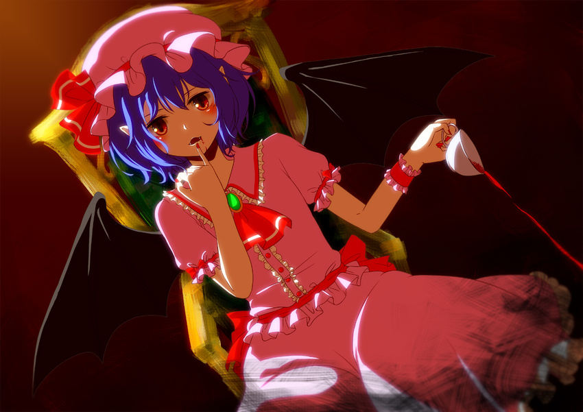 anime_coloring bad_id bad_pixiv_id bat_wings blood chair cup dutch_angle finger_to_mouth hat highres looking_at_viewer marie_no13 pointy_ears purple_hair red_eyes remilia_scarlet short_hair sitting solo spilling tea teacup touhou twilight wings