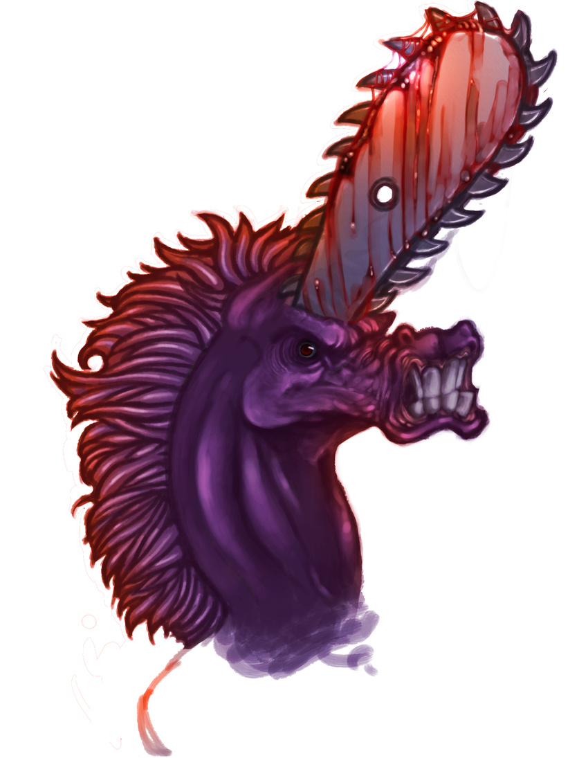 chainsaw creepy equine horn looking_at_viewer mammal plain_background portrait purple_skin red_eyes skrunch solo unicorn what what_has_science_done where_is_your_god_now white_background why