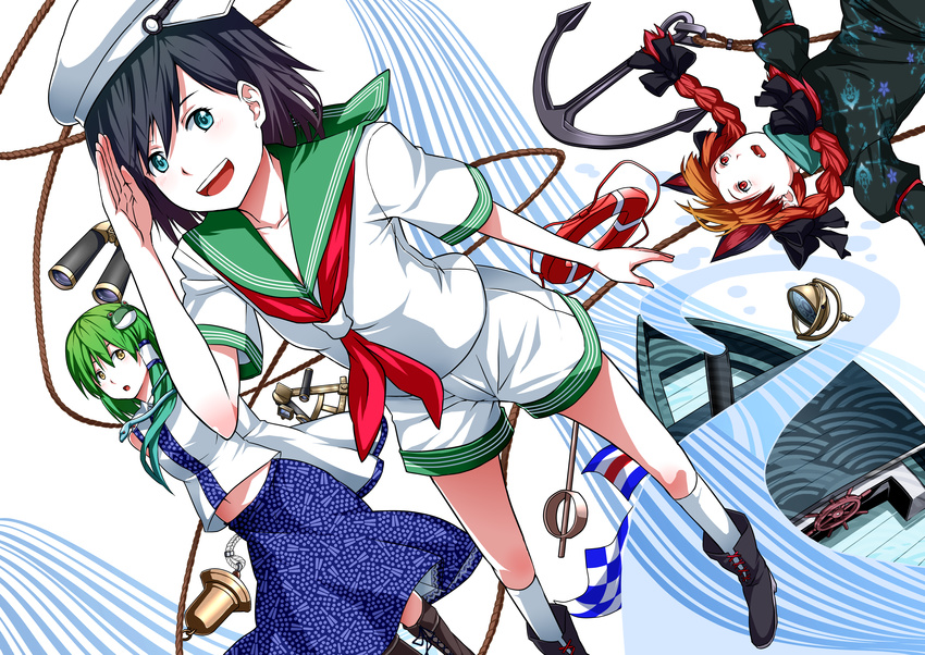 absurdres anchor animal_ears bad_id bad_pixiv_id bell black_hair cat_ears cat_tail detached_sleeves frog green_eyes green_hair hat highres hishaku kaenbyou_rin kochiya_sanae long_hair mendou_saya multiple_girls murasa_minamitsu open_mouth red_eyes red_hair sailor sailor_collar sailor_hat short_hair snake tail touhou yellow_eyes