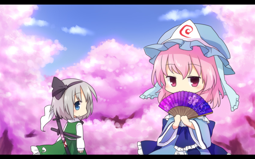 blue_dress cherry_blossoms chibi covering_mouth day dress fan folding_fan green_dress hair_ribbon hat katana konpaku_youmu letterboxed multiple_girls paper_fan pink_hair ribbon saigyouji_yuyuko scabbard sheath silver_hair sky sword tassel touhou weapon yamabuki_(yusuraume)