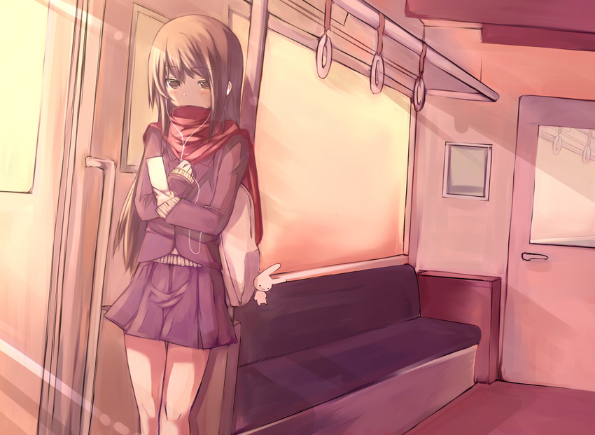 bad_id bad_pixiv_id blush brown_eyes brown_hair cellphone earphones keychain lonely long_hair mishima_kurone original phone red_scarf scarf skirt solo standing train_interior