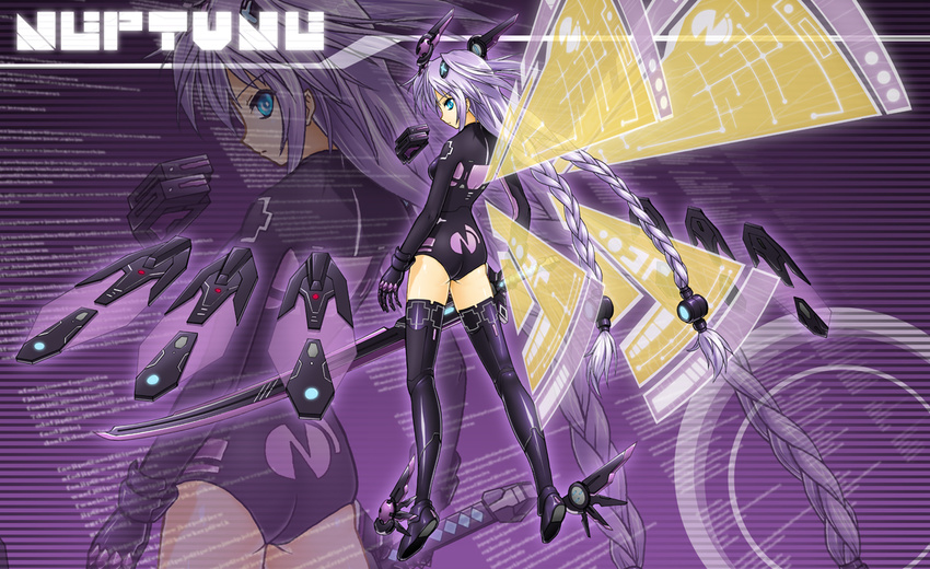 ass bangs black_footwear black_legwear blue_eyes boots braid character_name cocoa_(cocoa0191) detached_wings emblem floating floating_object from_side full_body glowing hair_ornament holding holding_weapon huge_weapon leotard long_hair looking_at_viewer looking_back magical_girl neon_trim neptune_(series) outline parted_lips profile purple_background purple_hair purple_heart shiny shiny_clothes sidelocks solo standing sword text_focus thigh_boots thighhighs transparent_wings twin_braids very_long_hair weapon wings zoom_layer