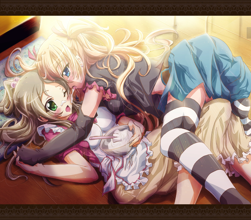 apron blonde_hair blue_eyes blush bowl brown_hair cream earrings elbow_gloves food food_on_face girl_on_top gloves green_eyes half_updo highres holding_hands houjou_hibiki inoshishi_(ikatomo) jewelry letterboxed licking long_hair lying minamino_kanade multiple_girls on_floor one_eye_closed ponytail precure straddling striped striped_legwear suite_precure thighhighs tongue yuri