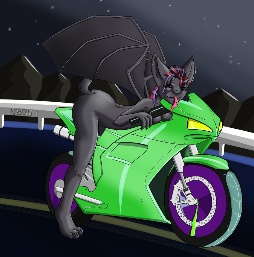 bat female green mammal midnight midnight_(midnightsonata) motorbike nude solo street wings