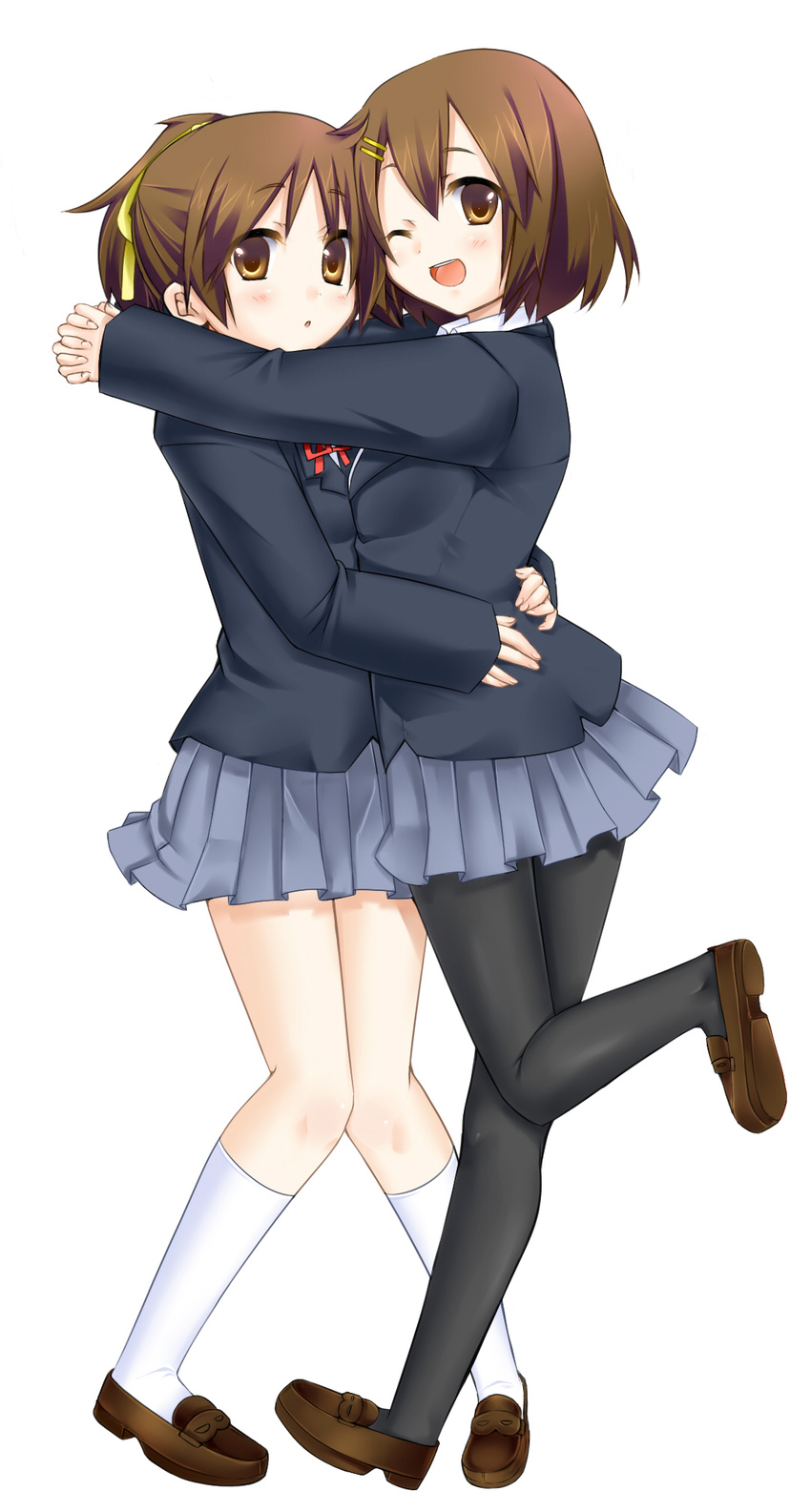 bad_id bad_pixiv_id brown_eyes brown_hair highres hirasawa_ui hirasawa_yui hug k-on! multiple_girls pantyhose ponytail school_uniform shino_(sosuketo) short_hair siblings sisters