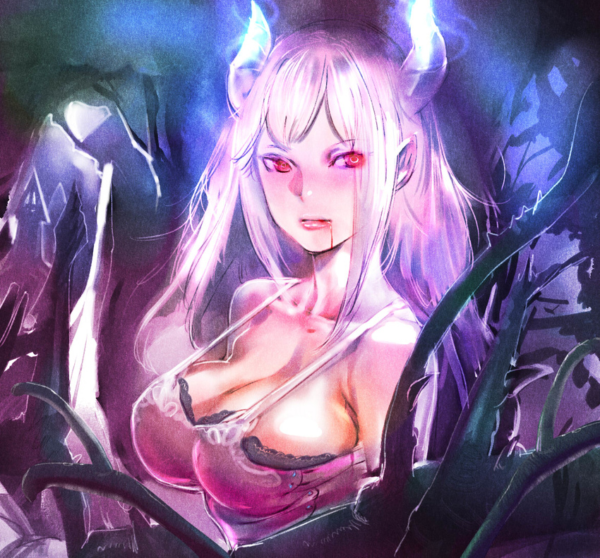 blood bow_(bhp) breasts cleavage horns large_breasts long_hair original pink_hair red_eyes solo upper_body