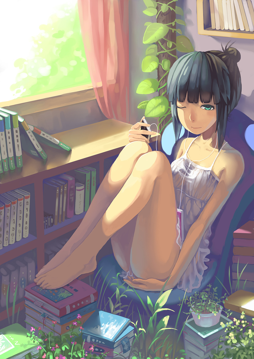 aqua_hair barefoot book bookshelf chair curtains dress earphones green_eyes highres holding indoors legs long_legs madyy one_eye_closed original plant potted_plant sitting solo thighs window