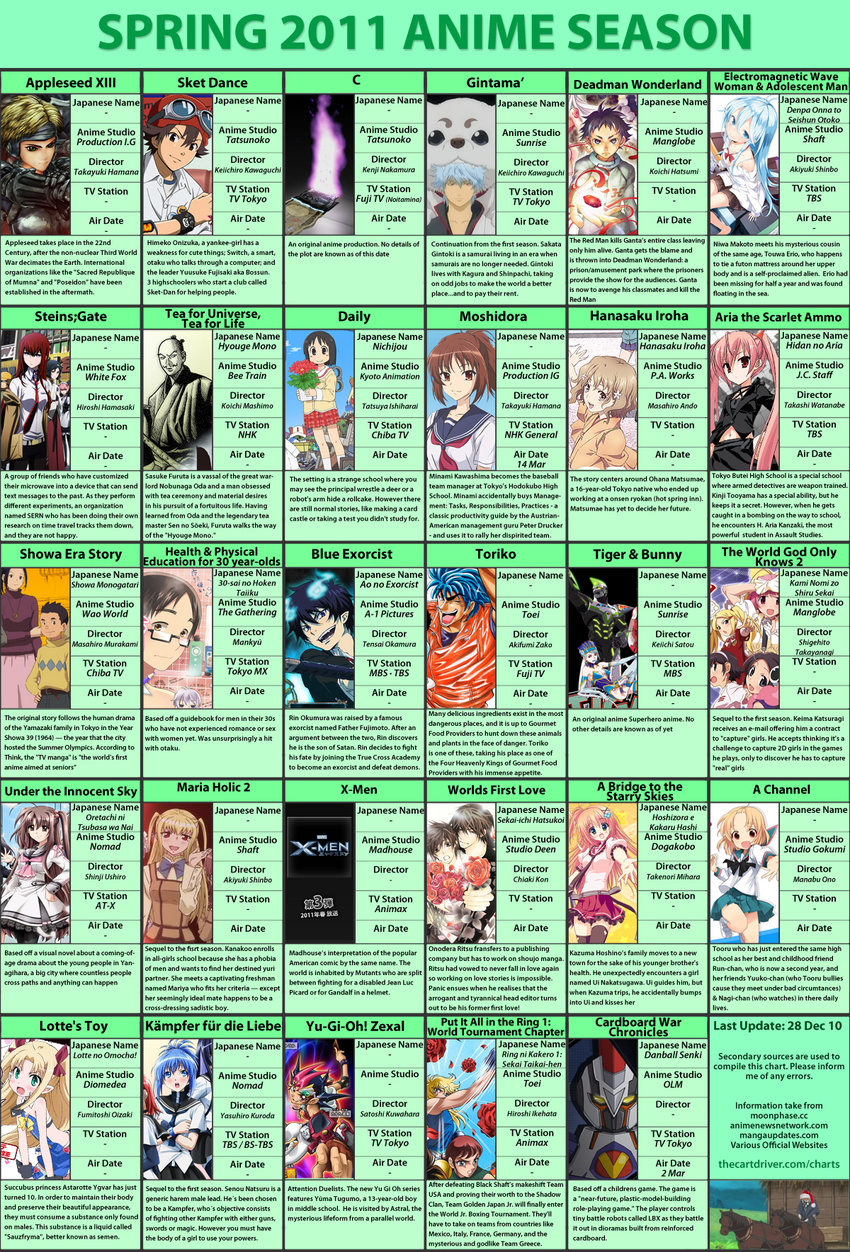 2011 30-sai_no_hoken_taiiku a_channel anime ao_no_exorcist appleseed c c_the_money_of_soul_and_possibility_control danball_senki deadman_wonderland denpa_onna_to_seishun_otoko gintama hanasaku_iroha hidan_no_aria highres hoshizora_e_kakaru_hashi hyouge_mono kami_nomi_zo_shiru_sekai kampfer lotte_no_omocha! maria_holic moshi_koukou_yakyuu_no_joshi_manager_ga_drucker_no_management_wo_yondara moshidora nichijou oretachi_ni_tsubasa_wa_nai ring_ni_kakero season_preview sekai-ichi_hatsukoi showa_monogatari sket_dance stains;gate steins;gate tiger_&amp;_bunny toriko toriko_(series) x-men yu-gi-oh! yugioh_zexal yuu-gi-ou_zexal