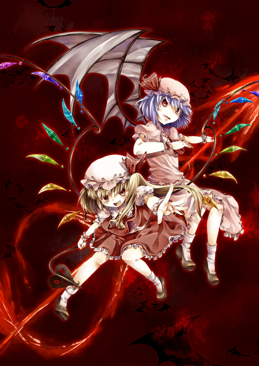 absurdres ascot bad_id bad_pixiv_id bat bat_wings blonde_hair bowed_wings dress fang flandre_scarlet foreshortening hat hat_ribbon highres laevatein lavender_hair looking_at_viewer multiple_girls outstretched_arm polearm red_eyes remilia_scarlet ribbon short_hair siblings side_ponytail sisters spear spear_the_gungnir tepes touhou weapon wings wrist_cuffs