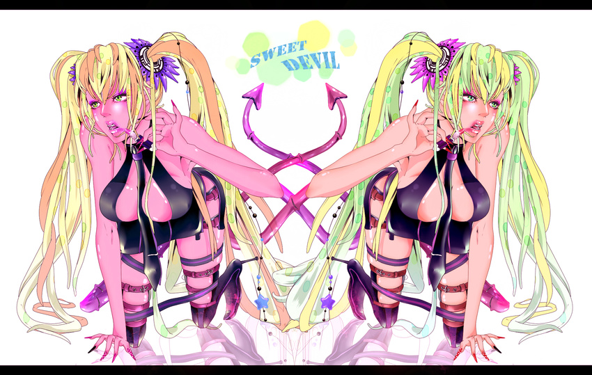 all_fours bad_id bad_pixiv_id blonde_hair boots breasts cleavage dual_persona green_eyes green_hair hatsune_miku highres large_breasts lipstick long_hair makeup marinachan necktie red_skin skirt sweet_devil_(vocaloid) symmetry tail thighhighs very_long_hair vocaloid