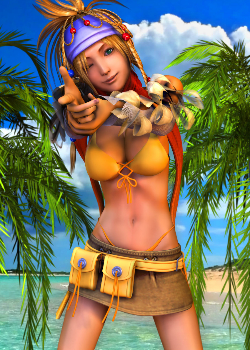 1girl 3d beach belt bikini_top blue_eyes braid braids breasts brown_hair cleavage female final_fantasy final_fantasy_x highres hips large_breasts legs long_hair looking_at_viewer miniskirt nail_polish navel ocean palm_tree point pointing rgbabes rikku skirt smile solo standing thighs tree water wink