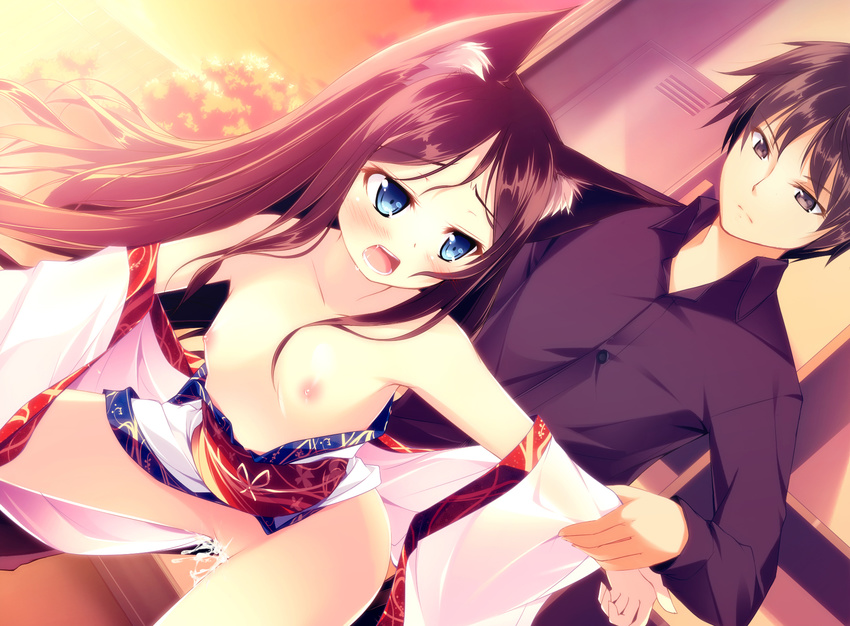 1girl animal_ears arm_grab arm_held_back bad_id bad_pixiv_id blue_eyes brown_hair cat_ears couple cum cum_in_pussy dutch_angle flat_chest hetero highres japanese_clothes kazakura kimono long_hair nipples open_clothes original pink_hair sex short_hair