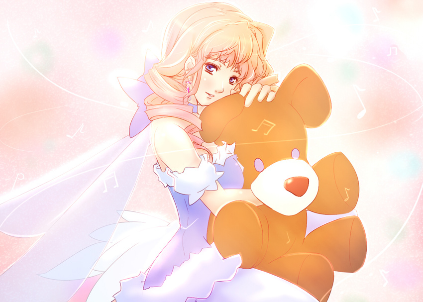 beamed_eighth_notes beamed_sixteenth_notes blonde_hair dearmybrothers dress earrings eighth_note face half_note jewelry long_hair macross macross_frontier musical_note quarter_note sheryl_nome solo stuffed_animal stuffed_toy teddy_bear