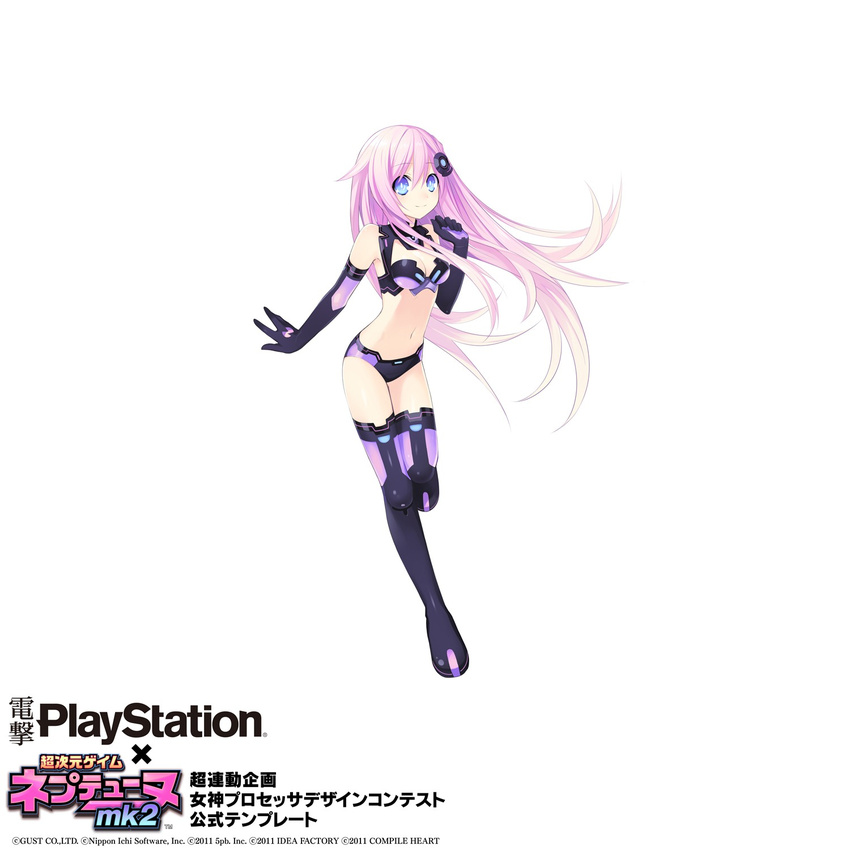 bare_shoulders blue_eyes breasts bustier choujigen_game_neptune_mk2 cleavage elbow_gloves full_body gloves hair_ornament highres long_hair looking_at_viewer medium_breasts midriff nepgear neptune_(series) official_art purple_hair purple_sister revealing_clothes smile solo symbol-shaped_pupils thighhighs tsunako