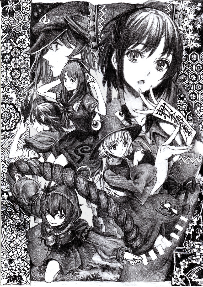 bow eyelashes face front_ponytail greyscale hair_bow hakurei_reimu hands hat highres kagiyama_hina kawashiro_nitori long_hair monochrome moriya's_iron_rings moriya_suwako mountain_of_faith multiple_girls nobita rope shameimaru_aya shimenawa short_hair smile touhou yasaka_kanako