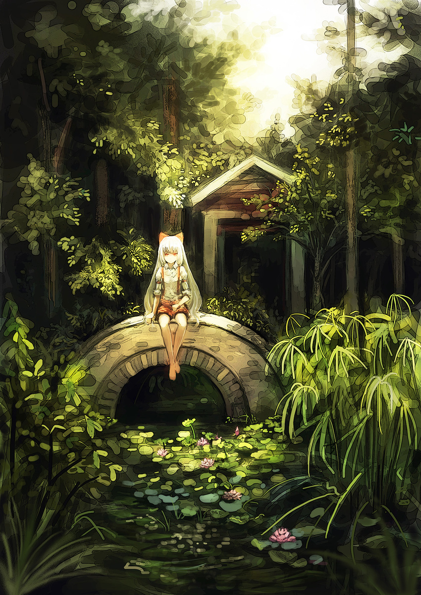 adapted_costume barefoot bow bridge bryanth flower foot_dangle forest fujiwara_no_mokou green hair_bow highres lily_pad long_hair looking_at_viewer nature outdoors plant pond red_eyes red_shorts river scenery shirt shorts silver_hair sitting solo stream sunlight suspenders touhou tree very_long_hair white_hair white_shirt