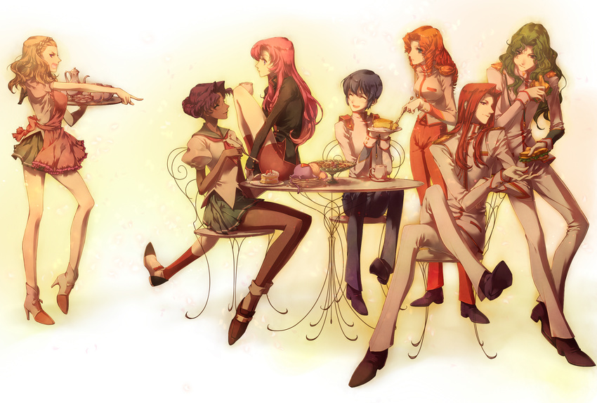 4girls apron arisugawa_juri blonde_hair blue_hair cake chu_chu_(shoujo_kakumei_utena) closed_eyes curly_hair dark_skin food glasses green_hair hato_(hato_popopo) highres himemiya_anthy kaoru_miki kiryuu_nanami kiryuu_touga long_hair multiple_boys multiple_girls ootori_gakuen_school_uniform open_mouth orange_hair pink_hair purple_hair red_hair saionji_kyouichi sandwich school_uniform short_hair shoujo_kakumei_utena tenjou_utena