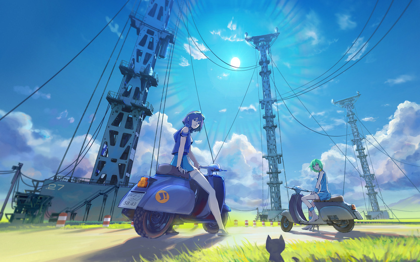 arm_support arsenixc bare_shoulders bob_cut cable cat cloud crossover eureka eureka_seven eureka_seven_(series) fisheye from_ground goggles goggles_on_head grass green_hair ground_vehicle highres isle_of_winds light_rays motor_vehicle multiple_girls off_shoulder purple_eyes purple_hair road sandals scenery scooter shadow short_hair sky structure sun sunbeam sunlight vespa wallpaper white_legwear yumi_(isle_of_winds)