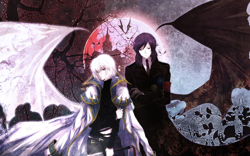 alucard_(castlevania) arikado_genya bat_wings castle castlevania castlevania:_aria_of_sorrow crossed_arms full_moon guutara highres large_wings moon multiple_boys night night_sky red_eyes ringed_eyes sky soma_cruz star_(sky) starry_sky white_hair wings