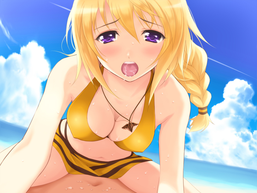 1girl beach bikini blonde_hair blush braid breasts charlotte_dunois cleavage cloud cowgirl_position day girl_on_top halter_top halterneck hetero highres implied_sex infinite_stratos jewelry large_breasts long_hair navel nozomi-y open_mouth outdoors pendant ponytail purple_eyes saliva sexually_suggestive sitting skirt sky solo_focus straddling swimsuit wet