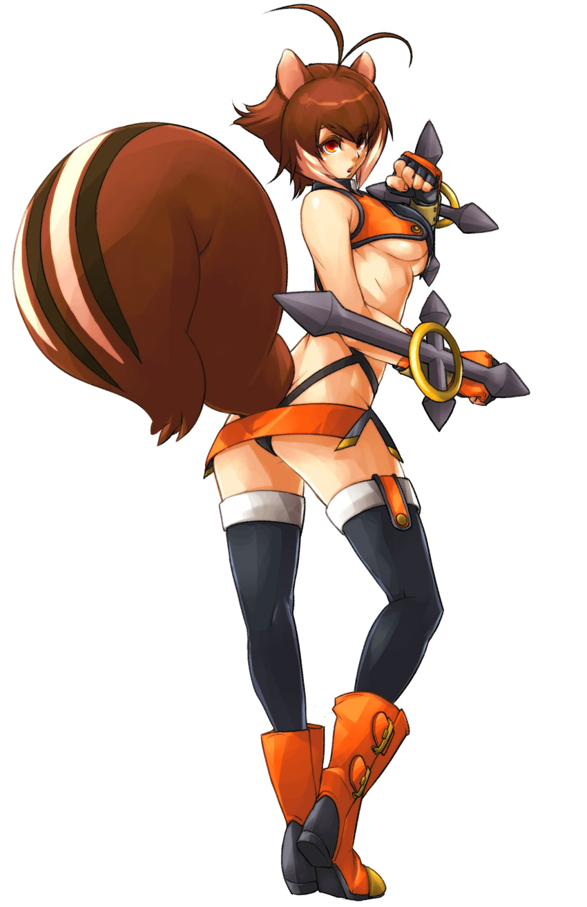 &dagger; blazblue blonde_hair boots breasts brown covered daggers ears eyes female hair makoto nanaya orange red rodent skirt squirrel stockings tail