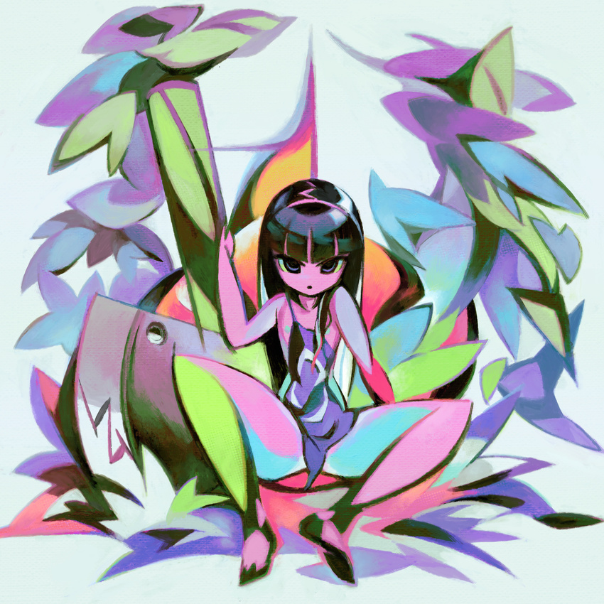 axe black_hair highres jnt leaf leaves multicolored_skin nipple_slip nipples open_legs plant plants purple_eyes sitting spread_legs thick_thighs thighs weapon