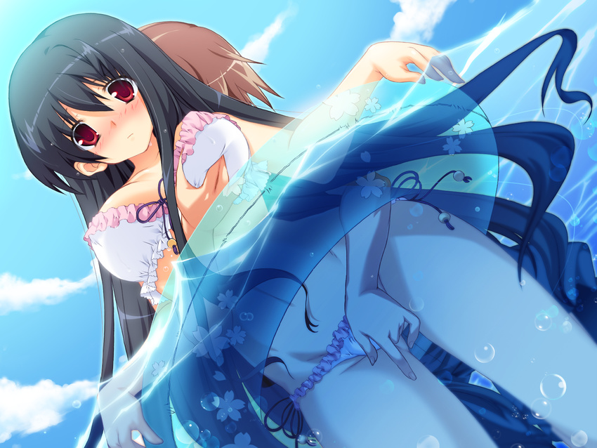 anekano bikini black_hair breast_grab game_cg long_hair moo noyama_ringo noyama_sakura red_eyes swimsuit water