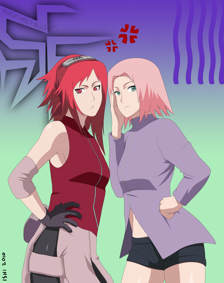 2girls clothes_swap cosplay costume_switch edit haruno_sakura highres karin_(naruto) multiple_girls myotishi naruto naruto_shippuuden photoshop pink_hair red_hair stiky_finkaz