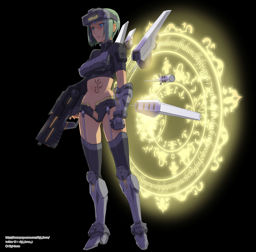 arksign armor assault_rifle blue_eyes detached_wings ellison gauntlets glowing glowing_eyes goggles goggles_on_head green_hair gun highres kimura_shigetaka magic_circle midriff navel open_fly rifle short_hair short_shorts shorts solo suspenders tattoo thighhighs unzipped weapon wings