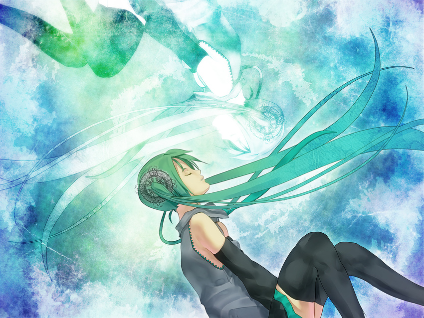 1girl closed_eyes detached_sleeves green_hair hatsune_miku highres long_hair necktie skirt solo thighhighs twintails very_long_hair vocaloid