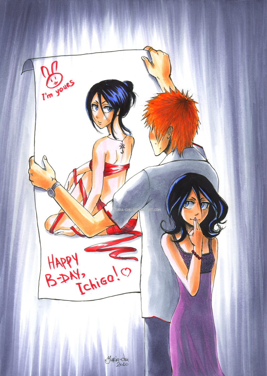 1girl absurdres black_hair bleach blue_eyes couple dress hetero highres kuchiki_rukia kurosaki_ichigo orange_hair poster_(object) short_hair yuria-chu