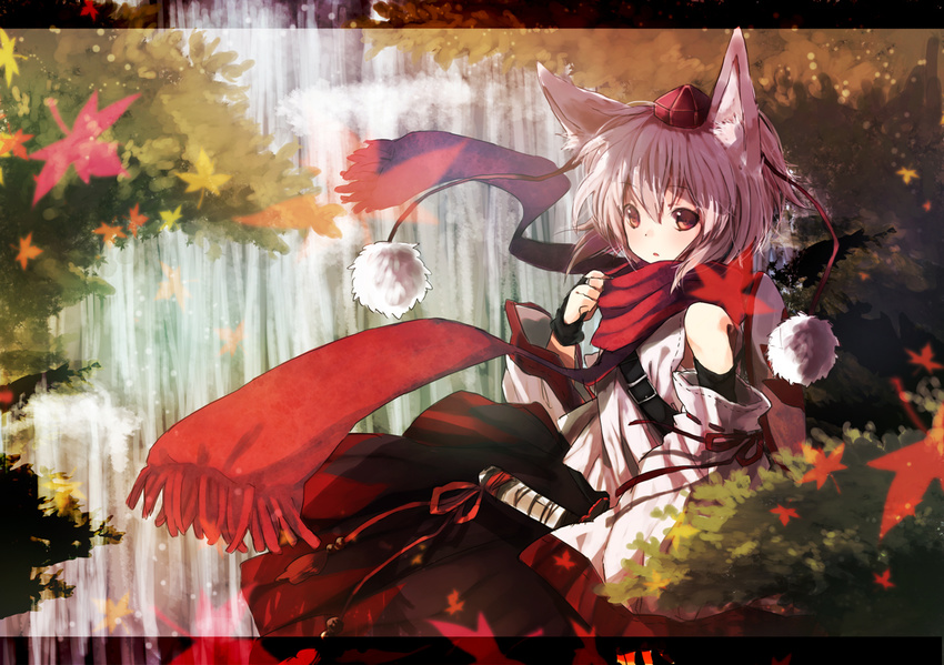 animal_ears detached_sleeves fingerless_gloves gloves hat inubashiri_momiji leaf letterboxed miya_(tsumazukanai) red_eyes scarf short_hair solo tokin_hat touhou water waterfall white_hair wolf_ears