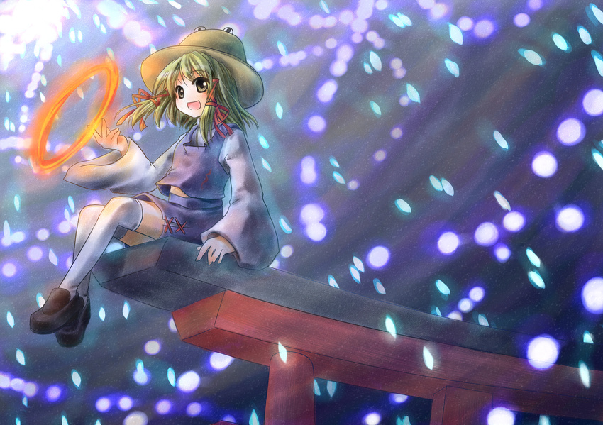 bad_id bad_pixiv_id blonde_hair danmaku hat highres jewelry miyanonnon moriya's_iron_rings moriya_suwako night open_mouth ring short_hair sitting sleeves_past_wrists smile solo thighhighs torii touhou white_legwear yellow_eyes