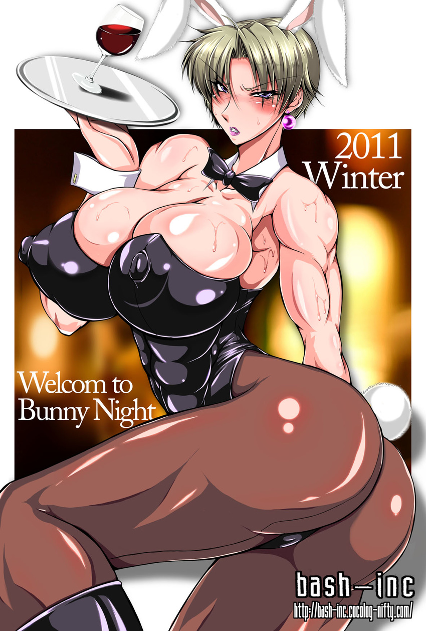 2011 abs alcohol angry animal_ears ass bash-inc blonde_hair blush bow bowtie breasts bunny_ears bunny_tail bunnysuit clenched_teeth earrings erect_nipples goblet highres huge_breasts jewelry king_(snk) leotard lipstick makeup muscle nipples shiny short_hair tail teeth thick_thighs thighs tray wet wine