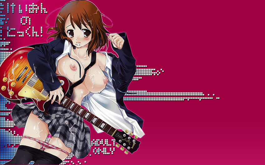 breasts bukkake condom condom_in_mouth cum cum_on_body cum_on_breasts cum_on_upper_body guitar highres hirasawa_yui instrument k-on! mouth_hold open_clothes panties panty_pull underwear wallpaper_for_the_brave