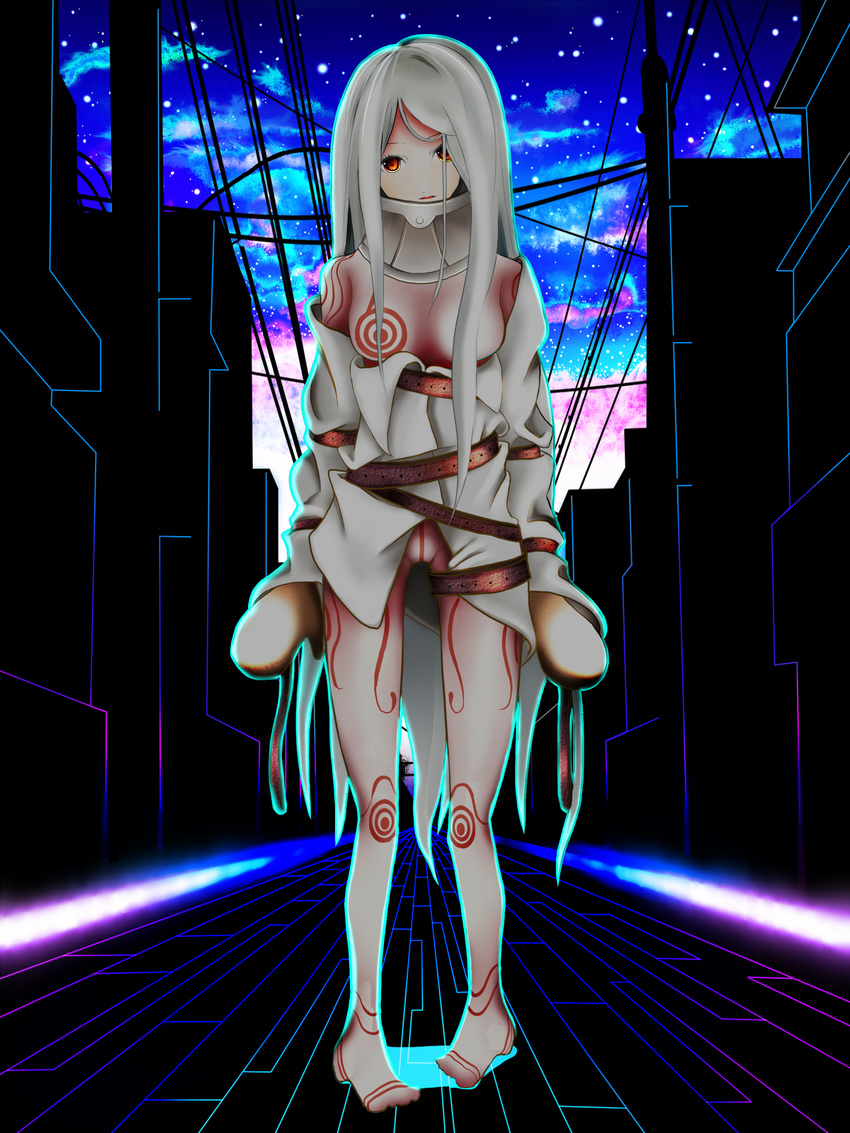 deadman_wonderland gloves highres shiro_(deadman_wonderland) sky star stars straitjacket tokoroten_(hmmuk) white_hair yellow_eyes