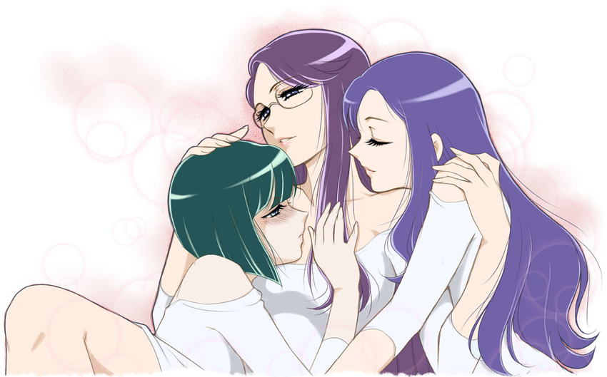 blue_hair dark_precure eyelashes glasses green_hair heartcatch_precure! kurumi_momoka multiple_girls precure purple_hair sabachiyo_land short_hair tsukikage_yuri yuri