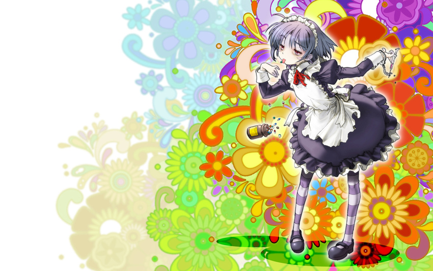 apron bags_under_eyes blush_stickers colorful cuffs dress drugged drugs floral_background frills futaba_channel handcuffs kumaushi looking_at_viewer maid maid_headdress mary_janes neck_ribbon nijiura_maids pantyhose pill psychedelic purple_eyes purple_hair raised_eyebrow ribbon shoes short_hair striped striped_legwear syringe tongue yakui