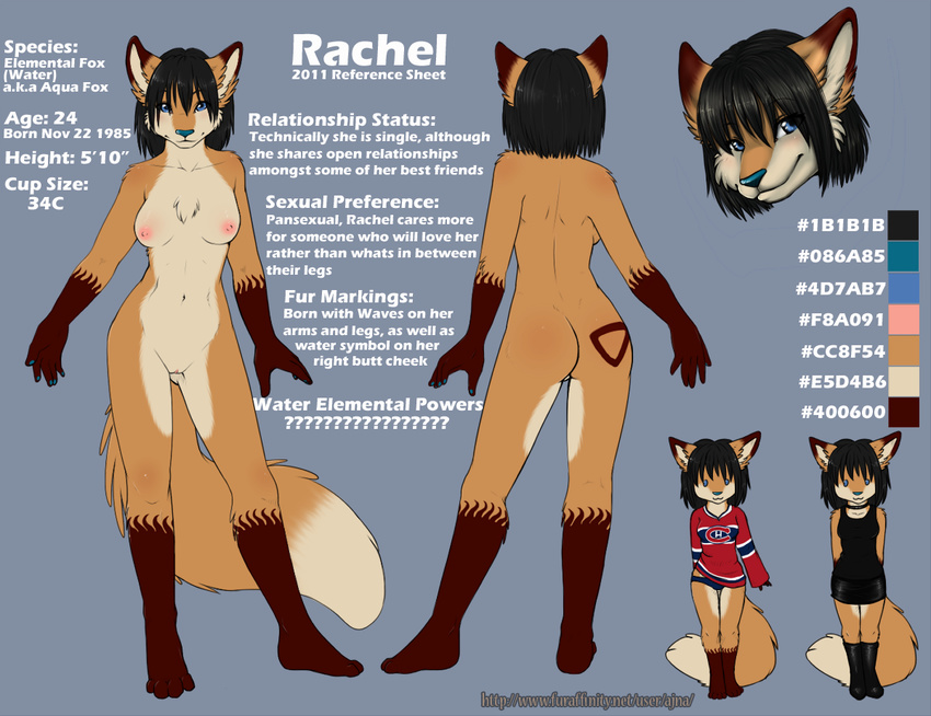 anthro black_hair blue_eyes breasts butt canine cute darkduck64 female fox hair hockey jersey mammal markings model_sheet nude pussy rachel rachel_(darkduck64) solo standing