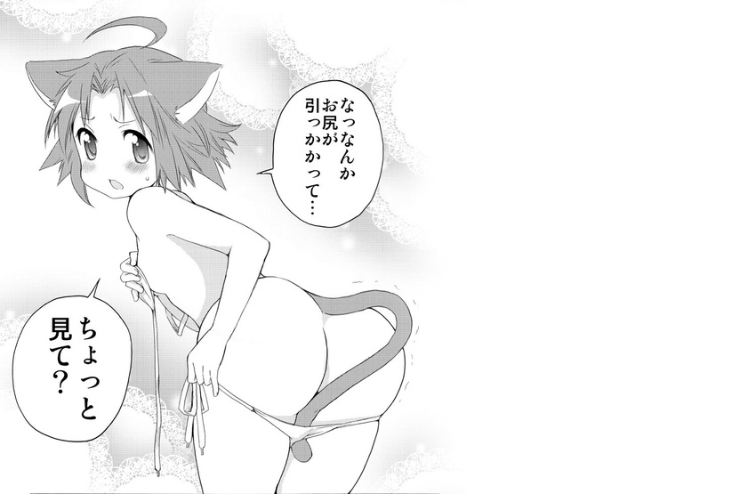 ahoge animal_ears ass bikini bikini_pull blush cat_ears cat_tail greyscale kogami_akira looking_back lucky_star monochrome open_mouth pulled_by_self side-tie_bikini solo swimsuit tail translated ubizo untied