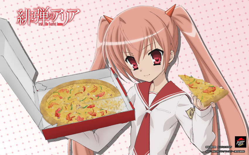 food hidan_no_aria highres holding_pizza iwakura_kazunori kanzaki_h_aria long_hair pink_hair pizza pizza_hut product_placement red_eyes school_uniform serafuku smile solo twintails