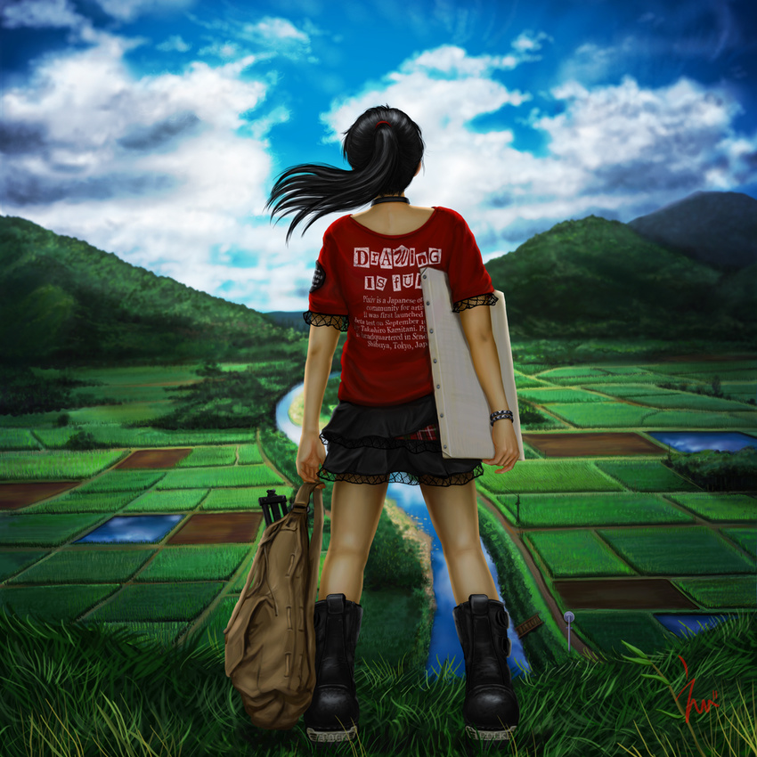 bag black_hair boots bracelet canvas_(object) choker clothes_writing cloud day ebi_(eeotoko) english engrish field from_behind grass highres hill jewelry landscape long_hair oekaki_musume original pixiv ponytail ranguage realistic rice_paddy river rural scenery shirt signature sky solo t-shirt