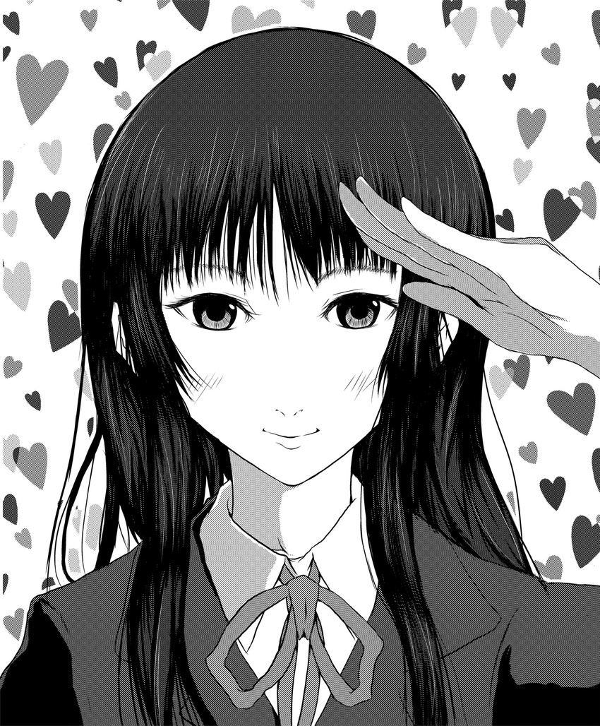 akiyama_mio black_hair greyscale highres k-on! long_hair monochrome salute smile solo tyranu uniform