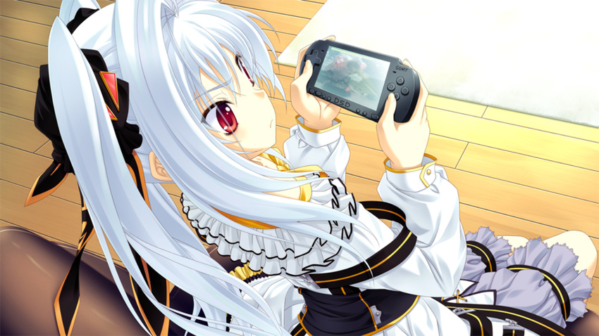 1girl dress female game_cg game_console long_hair miyama-zero nanakase_kotoko nekonade_distortion playstation_portable psp red_eyes red_hair solo twintails video_game wallpaper white_hair