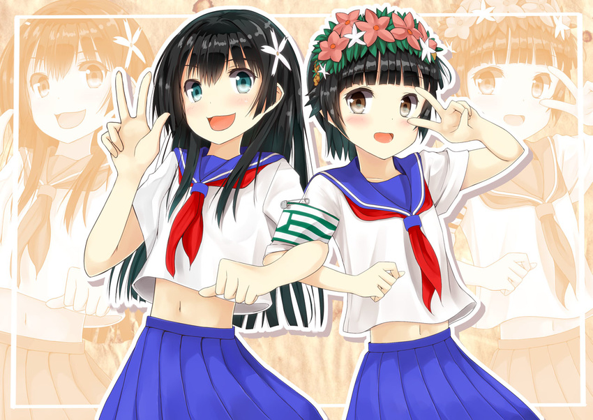 armband bad_id bad_pixiv_id black_hair brown_eyes flower green_eyes hair_flower hair_ornament head_wreath locked_arms long_hair masamuuu multiple_girls navel safety_pin sakugawa_school_uniform saten_ruiko school_uniform serafuku short_hair skirt symmetry to_aru_kagaku_no_railgun to_aru_majutsu_no_index uiharu_kazari v v_over_eye zoom_layer