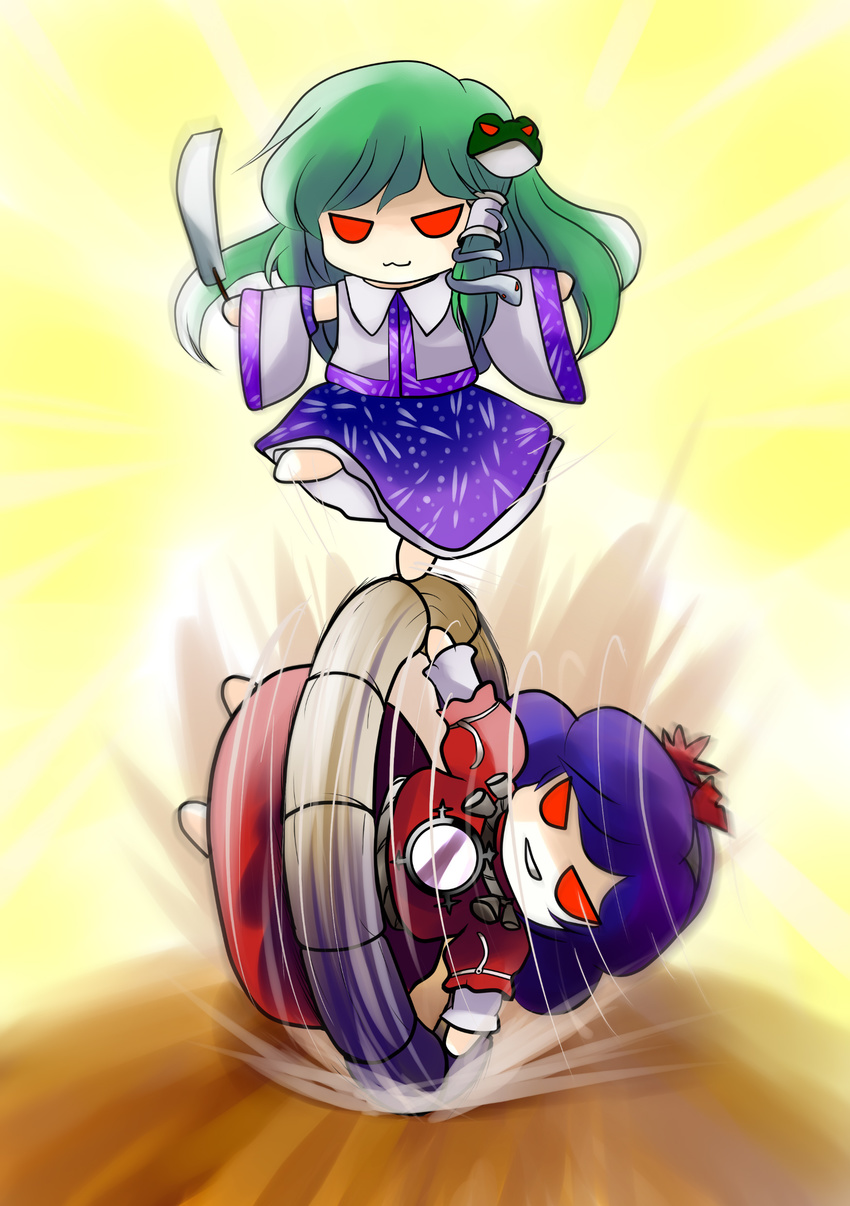 &gt;:) :3 :d absurdres blue_hair chibi detached_sleeves frog green_hair hair_ornament highres kochiya_sanae long_hair multiple_girls open_mouth purple_hair red_eyes rolling short_hair smile snake touhou v-shaped_eyebrows yasaka_kanako yume_shokunin