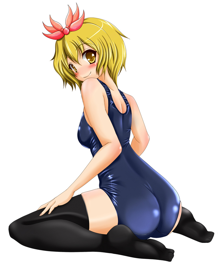 absurdres ass bad_id bad_pixiv_id black_legwear blonde_hair blush hair_ornament highres looking_back one-piece_swimsuit school_swimsuit shiny shiny_clothes short_hair skindentation smile solo swimsuit tera_hiroshi thighhighs toramaru_shou touhou yellow_eyes