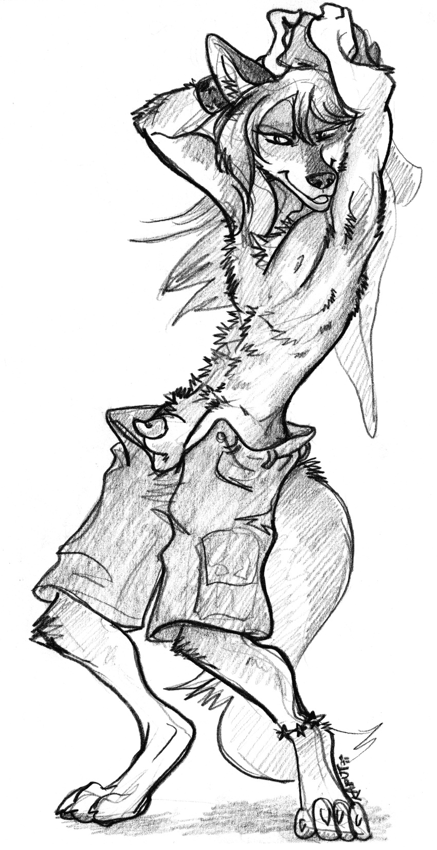 anklet anthro armband arms_above_head canine clothing greyscale hi_res kaputotter male mammal monochrome penis rave sangie sheath shorts sketch solo toboe topless wardrobe_malfunction wolf
